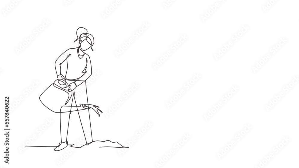 Self drawing animation of single line draw lovely woman or gardener taking care of home garden, watering houseplants growing in greenhouse with watering can. Continuous line draw. Full length animated