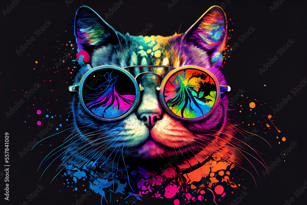 Colorful acid cat in sunglasses illustration