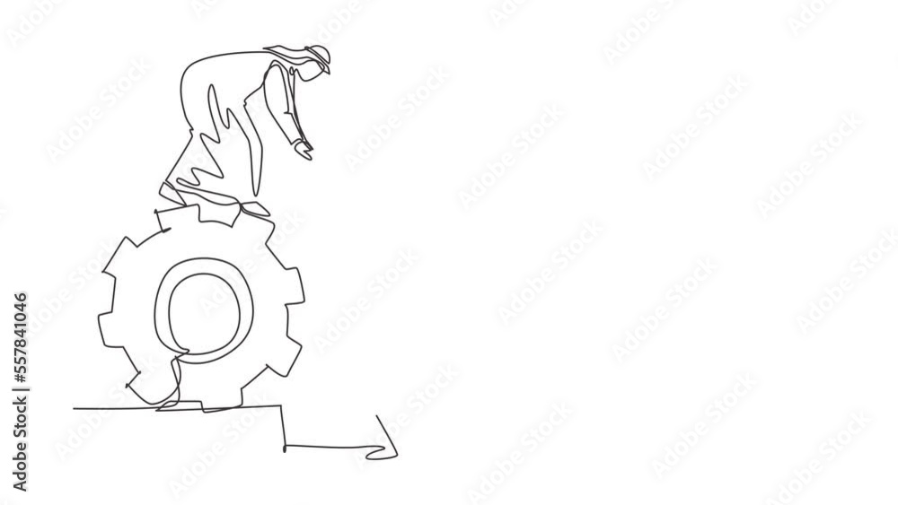 Self drawing animation of single line draw two businessmen helping each other on top of cog. Teamwork people help each other trust assistance. Goal concept. Continuous line draw. Full length animated Self drawing animation of single line draw two businessmen helping each other on top of cog. Teamwork people help each other trust assistance. Goal concept. Continuous line draw. Full length animated
