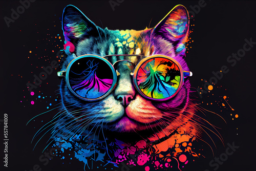 Colorful acid cat in sunglasses illustration © Daria