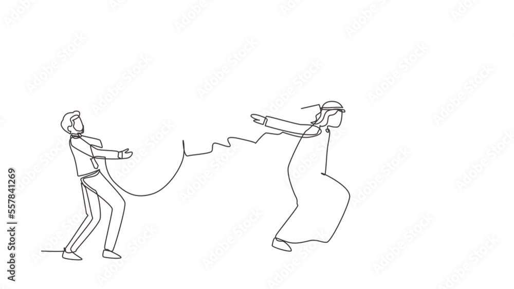 Animated self drawing of continuous line draw teamwork, coworking, cooperation, partnership. Team of Arab businessmen partners coworker manager holding big key together. Full length one line animation Animated self drawing of continuous line draw teamwork, coworking, cooperation, partnership. Team of Arab businessmen partners coworker manager holding big key together. Full length one line animation