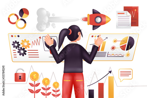 Business strategy. 3d illustration of woman making strategy for company progress, with rocket ornament