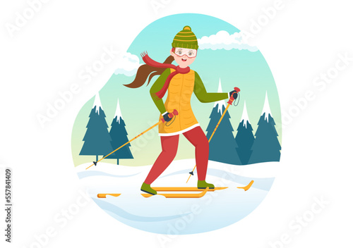 Ski Illustration with Skiers Sliding Near Mountain Going Downhill in Skiing Resort in Flat Winter Sport Activities Cartoon Hand Drawn Templates © denayune