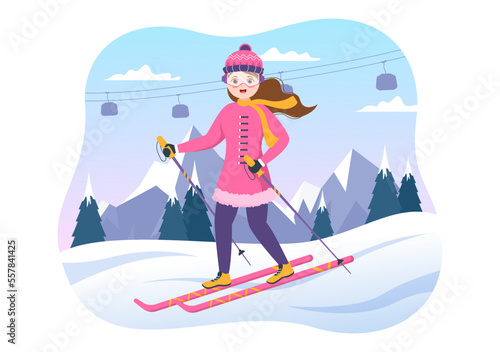 Ski Illustration with Skiers Sliding Near Mountain Going Downhill in Skiing Resort in Flat Winter Sport Activities Cartoon Hand Drawn Templates