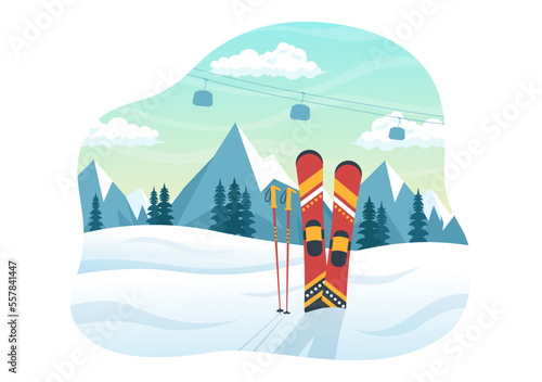 Ski Illustration with Skiers Sliding Near Mountain Going Downhill in Skiing Resort in Flat Winter Sport Activities Cartoon Hand Drawn Templates