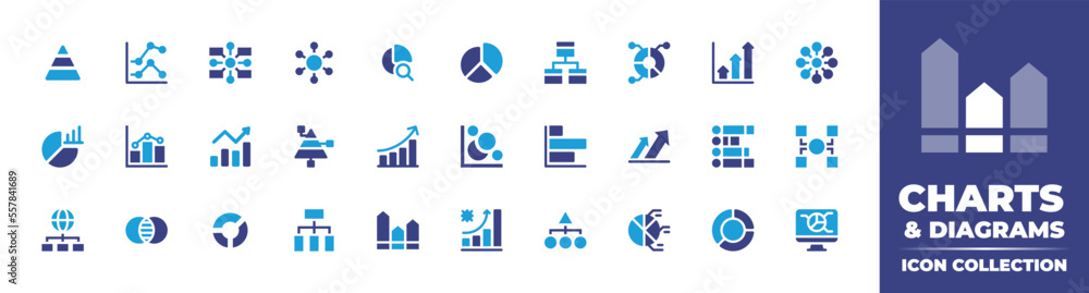 Charts and diagrams icon collection. Duotone color. Vector illustration. Containing diagram, line chart, pie chart, profits, analytic chart, chart, growth chart, pyramid chart, bar chart, and more.