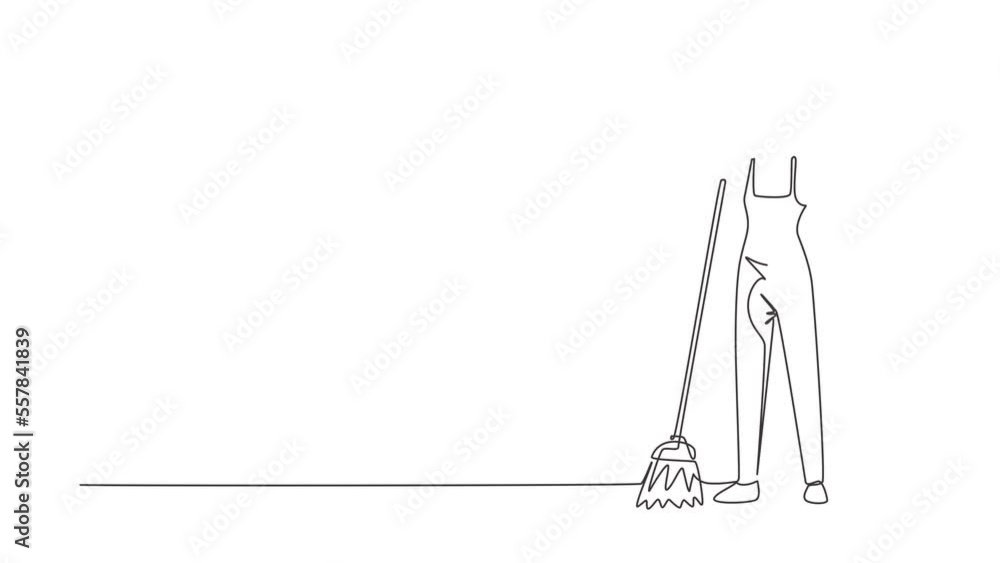 Animated self drawing of continuous line draw smiling woman janitor standing in uniform, sweeping the floor with broom, professional cleaning, home and office service. Full length one line animation Animated self drawing of continuous line draw smiling woman janitor standing in uniform, sweeping the floor with broom, professional cleaning, home and office service. Full length one line animation