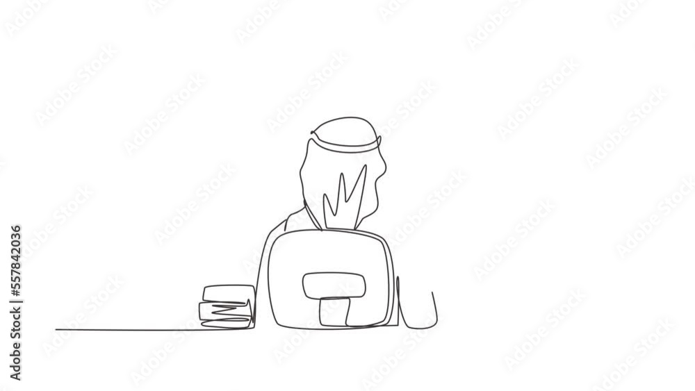 Animated self drawing of continuous line draw back view of Arabic man sitting at desk and reading book, student studying hard, preparing before exam with pile of books. Full length one line animation Animated self drawing of continuous line draw back view of Arabic man sitting at desk and reading book, student studying hard, preparing before exam with pile of books. Full length one line animation