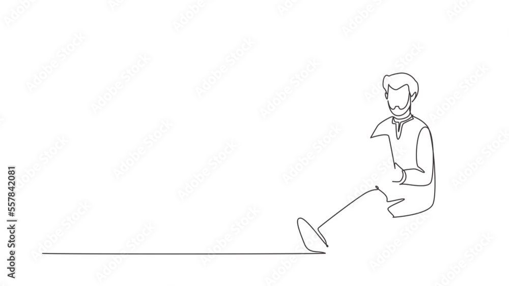 Animated self drawing of continuous line draw smart Arabian student preparing for exam. Young man studying and reading book. Male reader sitting on floor, learning. Full length one line animation Animated self drawing of continuous line draw smart Arabian student preparing for exam. Young man studying and reading book. Male reader sitting on floor, learning. Full length one line animation