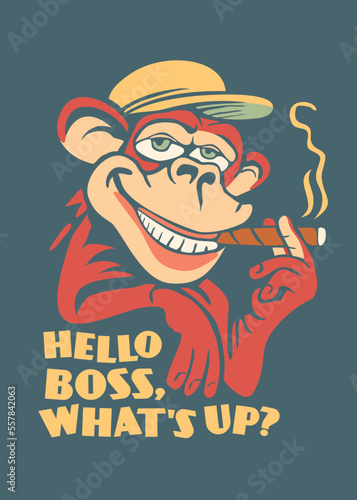 Monkey smoking big cigar funny t shirt or poster illustration. Cartoon or comic style character clothing print idea. Cool chimpanzee vector artwork idea.