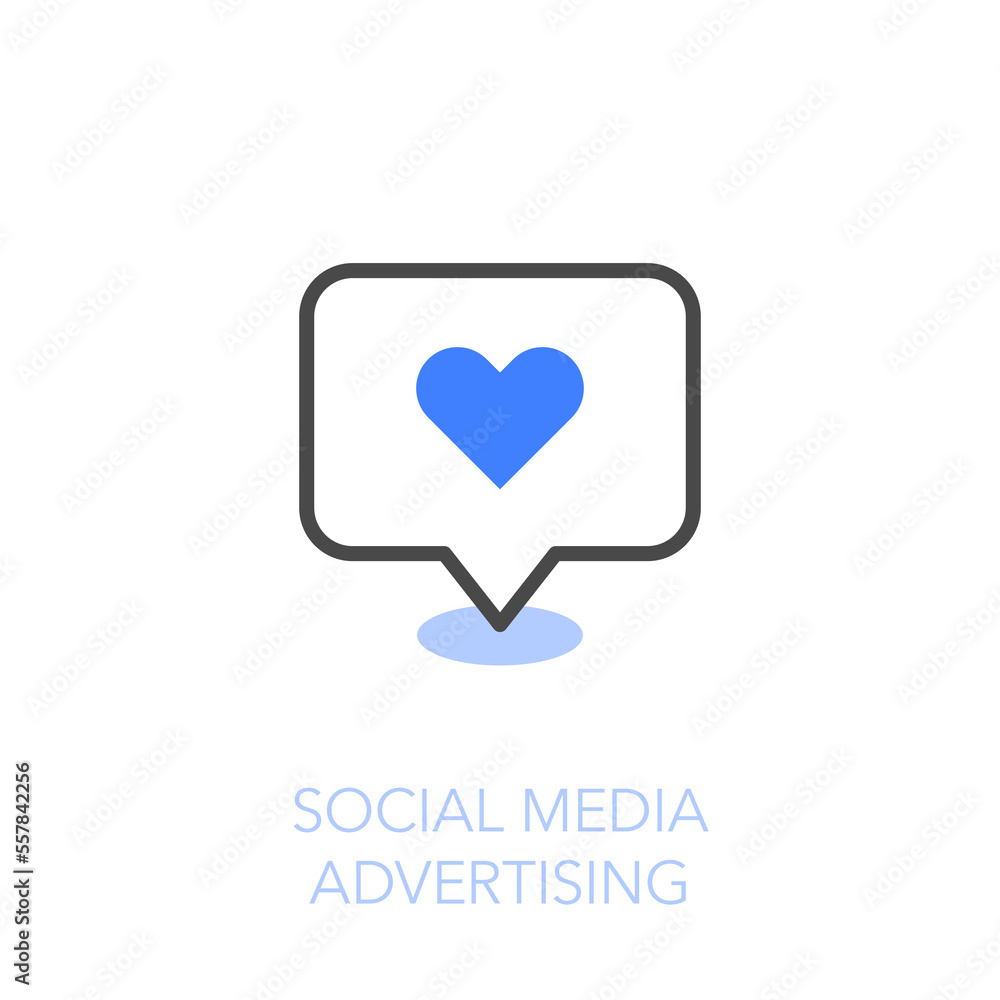 Simple visualised social media advertising icon symbol with a bubble and a heart.