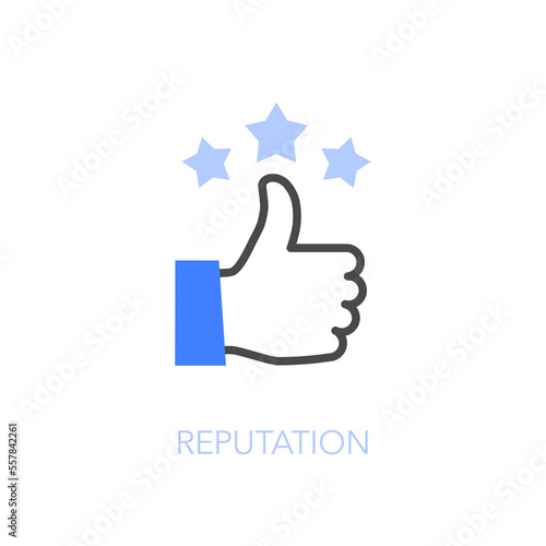 Simple visualised reputation icon symbol with a thumbs up and three stars.