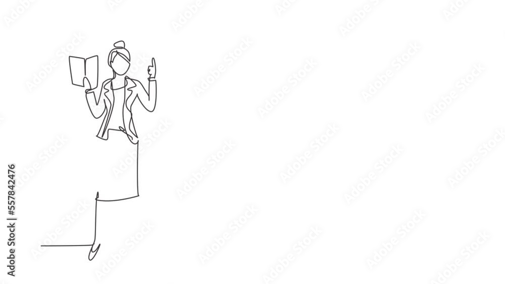 Animated self drawing of continuous line draw young woman professor standing in front of class with book on her hands, female teacher students in classroom at school. Full length one line animation Animated self drawing of continuous line draw young woman professor standing in front of class with book on her hands, female teacher students in classroom at school. Full length one line animation
