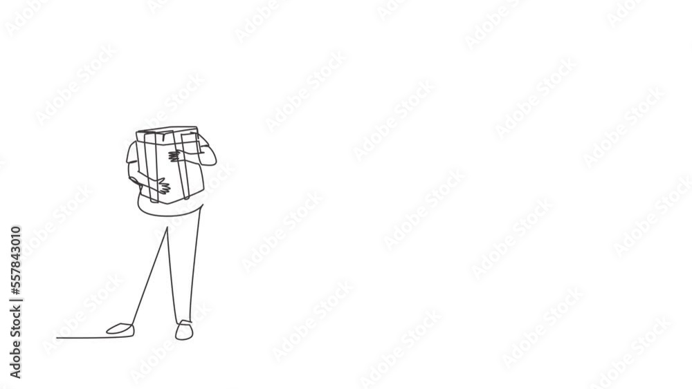 Animated self drawing of continuous line draw kid standing, hugging ribbon bow wrapped gift box in front of his in arms. Boy carries gift box with bow in his hands. Full length single line animation Animated self drawing of continuous line draw kid standing, hugging ribbon bow wrapped gift box in front of his in arms. Boy carries gift box with bow in his hands. Full length single line animation