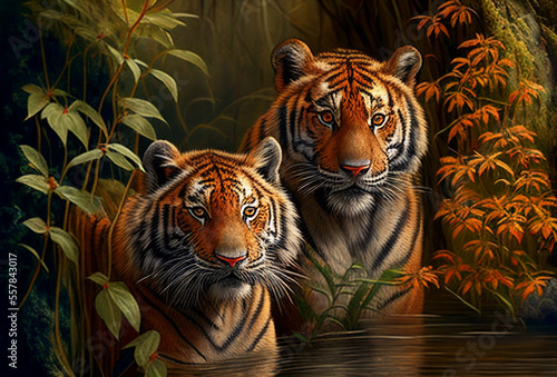 Two tigers in jungle. Generative Ai Art. Wildlife concept.
