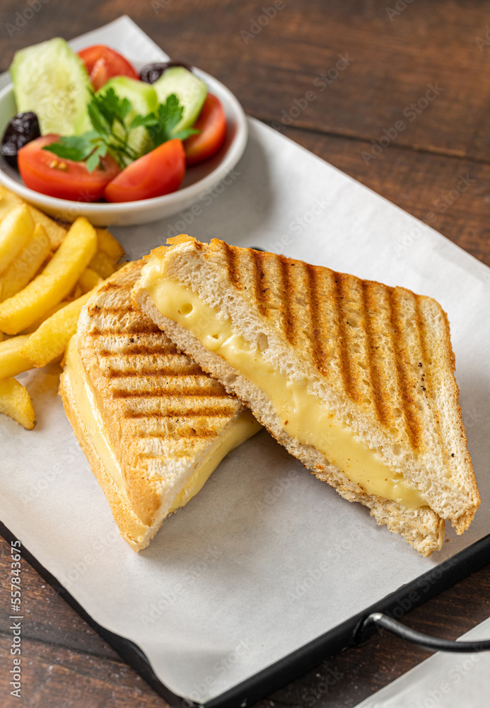Cheddar cheese toast with french fries and salad on wooden table Cheddar cheese toast with french fries and salad on wooden table