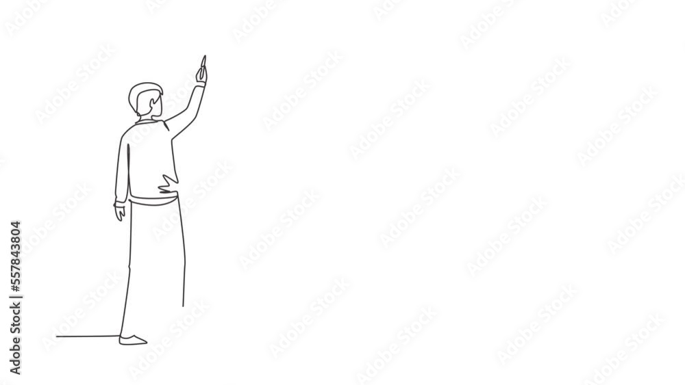 Animated self drawing of continuous line draw rear view of man writing formulas on classroom chalkboard holding chalk in right hand. University or school education. Full length single line animation Animated self drawing of continuous line draw rear view of man writing formulas on classroom chalkboard holding chalk in right hand. University or school education. Full length single line animation