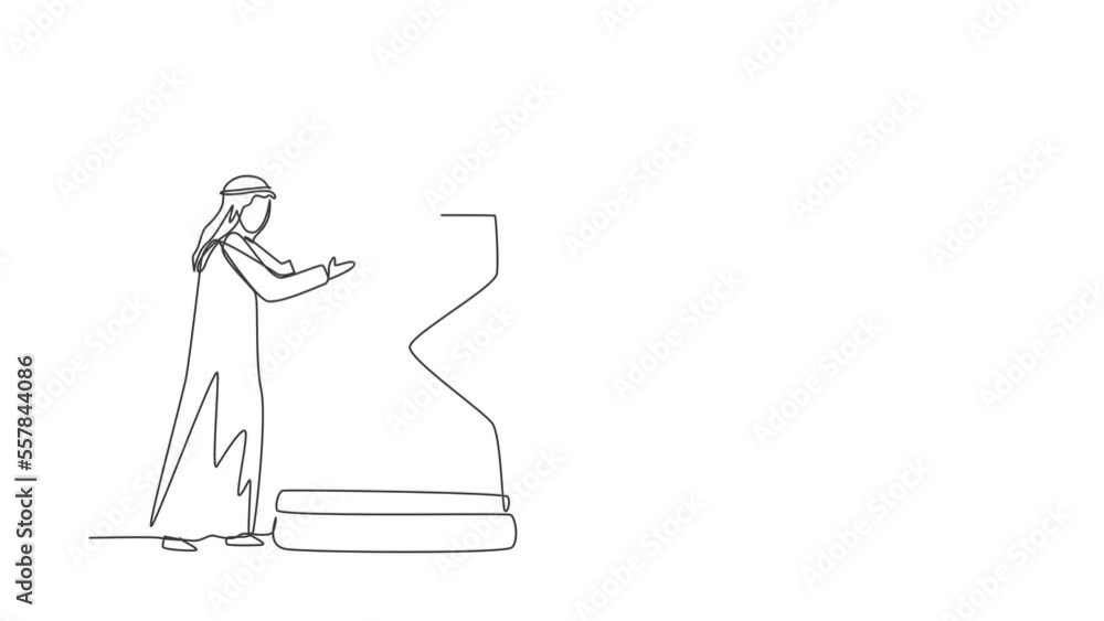 Animated self drawing of continuous line draw confident young Arabian businessman hugging on huge hourglass. Time management or successfully task organizing concept. Full length one line animation Animated self drawing of continuous line draw confident young Arabian businessman hugging on huge hourglass. Time management or successfully task organizing concept. Full length one line animation