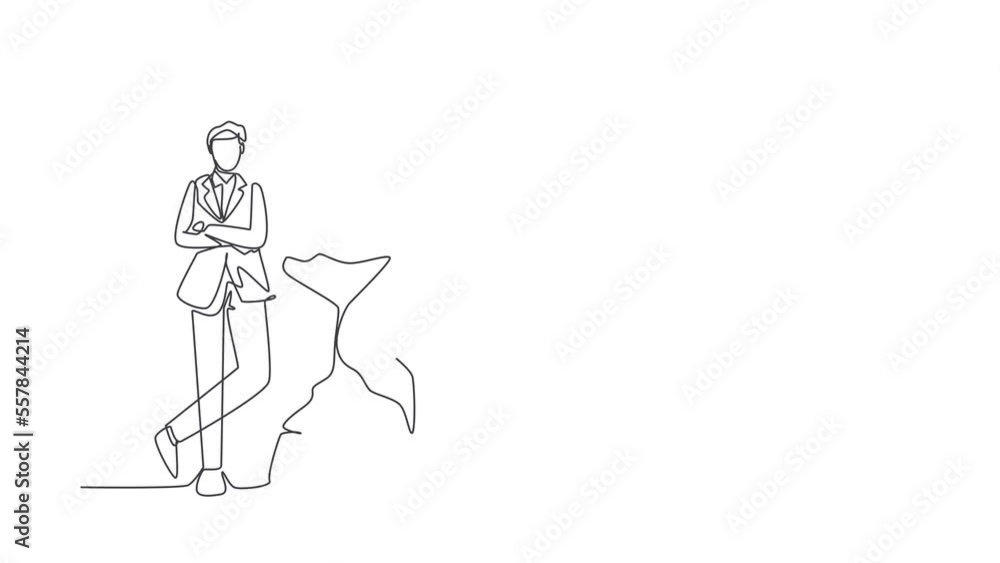 Animated self drawing of continuous line draw businessman lean on giant hourglass for time is money financial investment concept. Time management conceptual metaphor. Full length one line animation