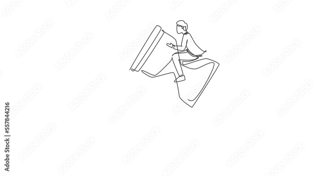 Self drawing animation of single line draw businessman riding rocket hourglass flying sky. Business time management. Success, champion, victory, sandglass. Continuous line draw. Full length animated