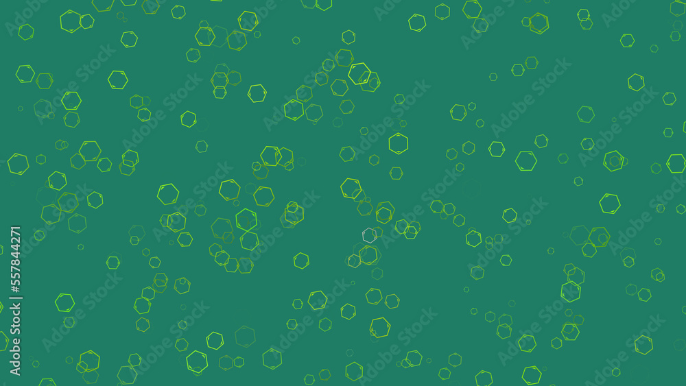 Flow of yellow abstract polygons on green background. Abstract festive backdrop for advertise text. 3D render