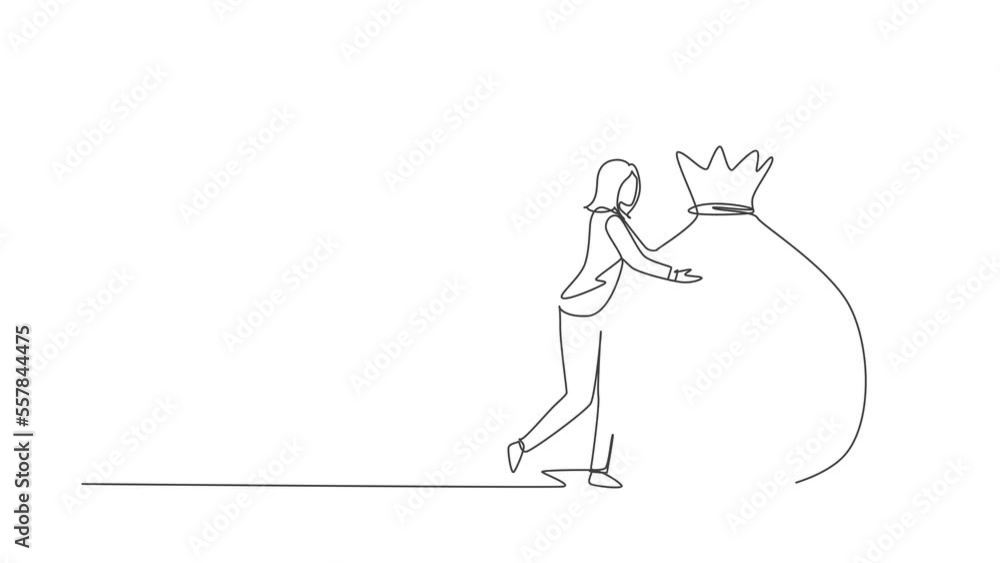 Self drawing animation of single line draw businesswoman hugging money bag. Financial success. Woman standing hugging cash bag. Business angel creative idea. Continuous line draw. Full length animated Self drawing animation of single line draw businesswoman hugging money bag. Financial success. Woman standing hugging cash bag. Business angel creative idea. Continuous line draw. Full length animated