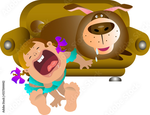A little girl with pigtails sits on the floor and cries, and a big and kind dog lies on the sofa.