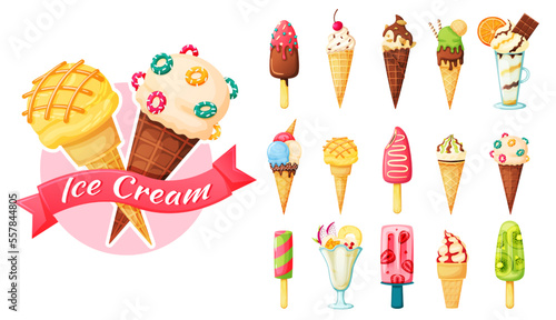 Cartoon ice cream of set with fruits or vanilla. Vector of cartoon dessert illustration, frozen and sweet, fruit cold sweet illustration collection