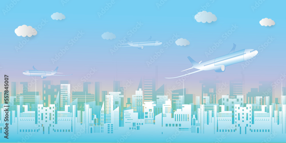 A rocket is soaring into the sky in an unpolluted city.Logistics business startup concept to deliver goods to destinations by means of air transportation.