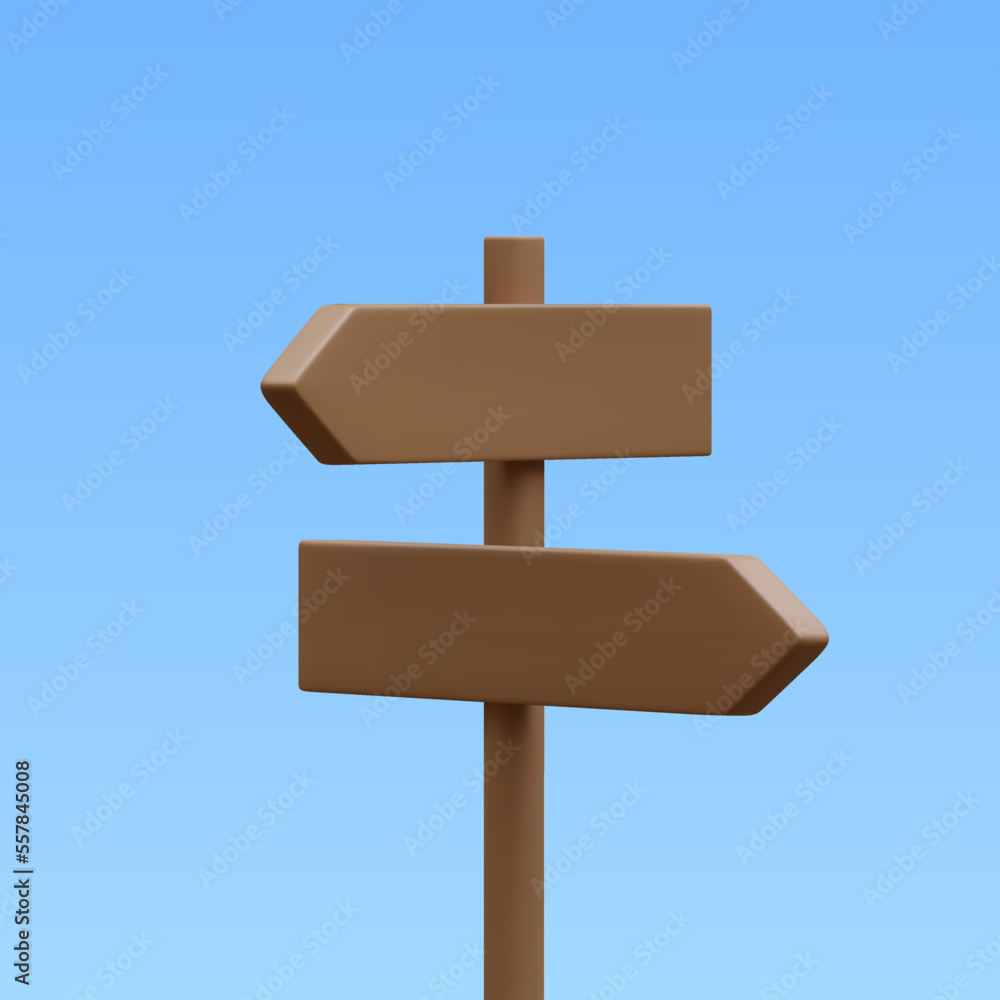 Fototapeta premium 3d realistic street sign isolated on light background. Direction sign post with arrow. Signboard pointer with wooden pole. Vector illustration