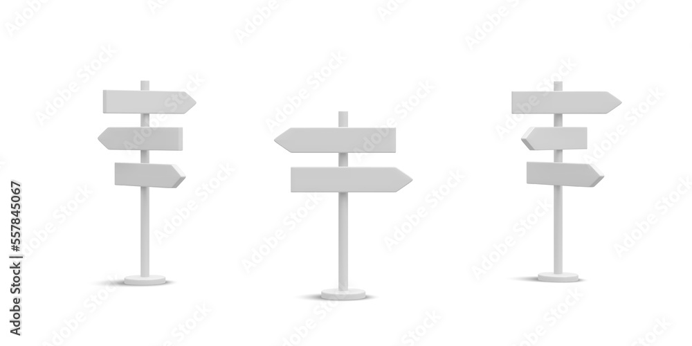 Set of 3d realistic street sign isolated on white background. Direction sign post with arrow. Signboard pointer with wooden pole. Vector illustration Set of 3d realistic street sign isolated on white background. Direction sign post with arrow. Signboard pointer with wooden pole. Vector illustration