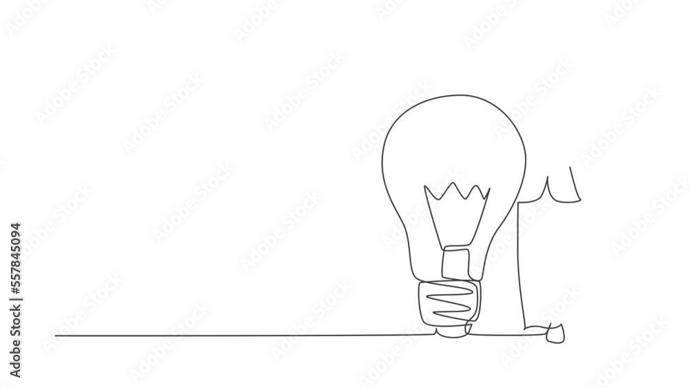 Self drawing animation of single line draw businesswoman leaning on giant lightbulb. Business people have ideas leaning against the lamp symbol is good idea. Continuous line draw. Full length animated Self drawing animation of single line draw businesswoman leaning on giant lightbulb. Business people have ideas leaning against the lamp symbol is good idea. Continuous line draw. Full length animated