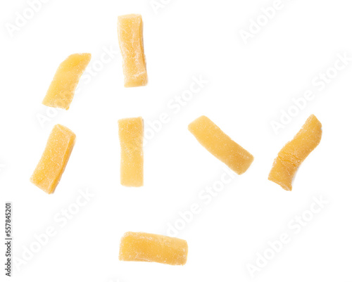 Dried pieces of Annona muricata pulp isolated on white
