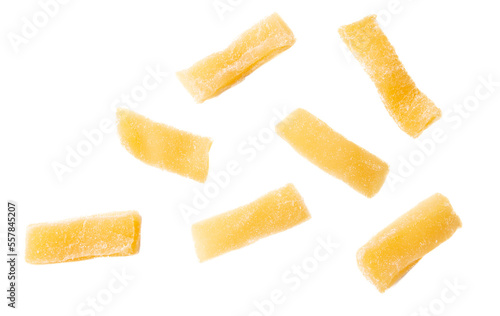 Dried pieces of Annona muricata pulp isolated on white