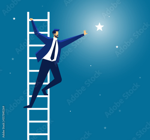Businessman reaching star, leader stay on ladder. Vector illustration of businessman and star in night sky, achievement and goal