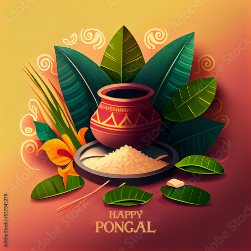 Illustration of Happy Pongal Holiday Harvest Festival of Tamil Nadu South India greeting background. Generating Ai. photo