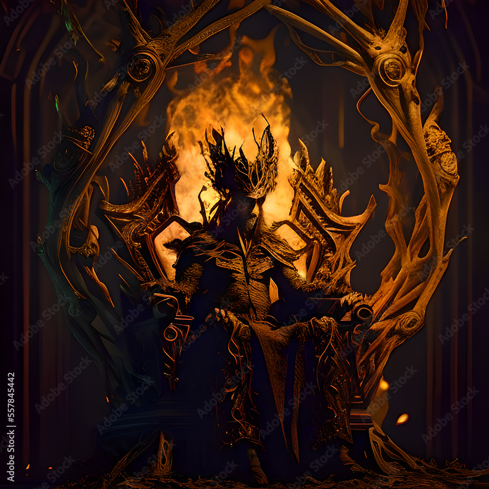 A dark demon overlord sitting on the burning throne made of roots. AI ...