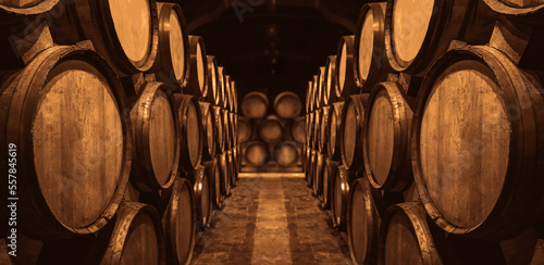 Fotótapéta Wine or cognac barrels in the cellar of the winery, Wooden wine barrels in perspective