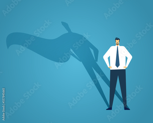 Businessman standing with superhero shadow, confident man. Illustration of business success and superhero, hero standing shadow, strong man manager vector power and strength
