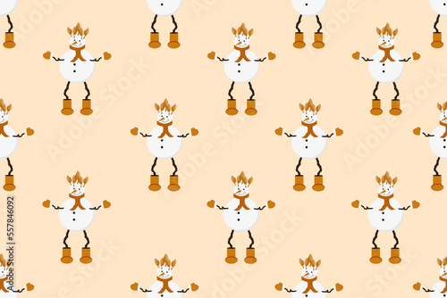 Seamless pattern with snowman on long legs made of branches in felt boots, gloves, scarf with autumn leaf hair on orange background. Website banner. Wallpaper and bed linen print. photo