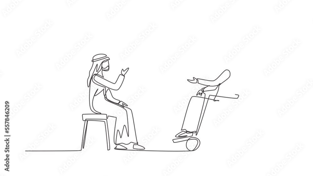 Animated self drawing of continuous line draw people sitting chatting, one using chair, one using wheelchair. Friendly man are talking to each other, disabled society. Full length one line animation Animated self drawing of continuous line draw people sitting chatting, one using chair, one using wheelchair. Friendly man are talking to each other, disabled society. Full length one line animation