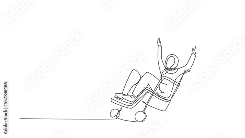 Animated self drawing of continuous line draw Arab female volunteer helps disabled old woman, riding on wheelchair in park. Family care, volunteerism, disability care. Full length one line animation photo