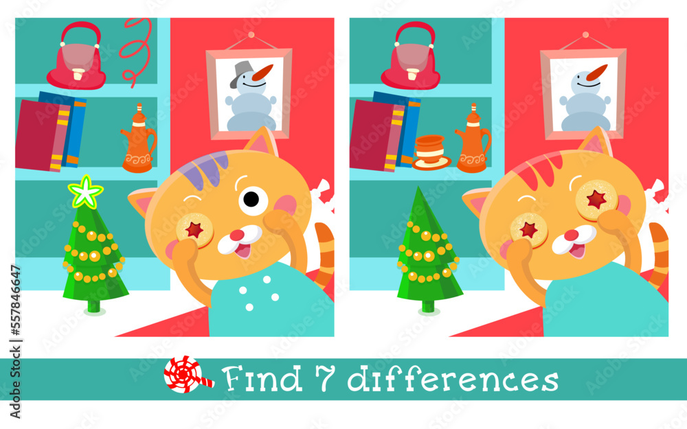 Fototapeta premium Find 7 hidden differences. Educational game for children. Cute kitten cook. Cartoon character. Color vector illustration.