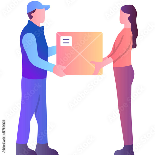 Delivery man giving parcel to woman vector icon
