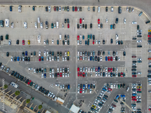 Parking. Aerial view of cars parked in line in a parking lot. Colored cars. drone view 