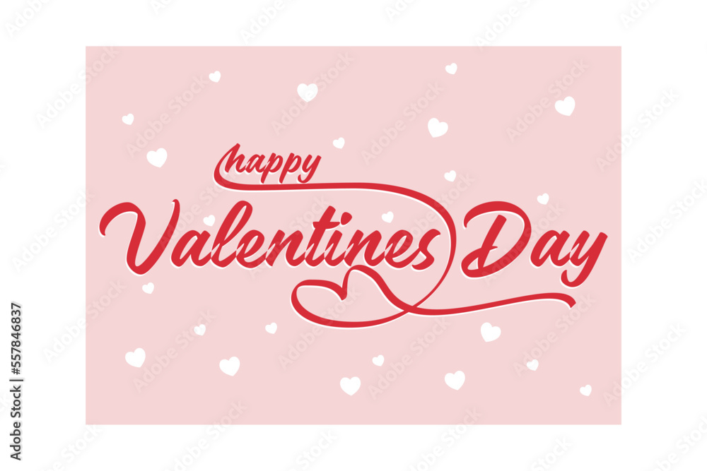 Valentines Day greeting card template with typography text happy valentine`s day and red heart and line on background, flat vector modern illustration