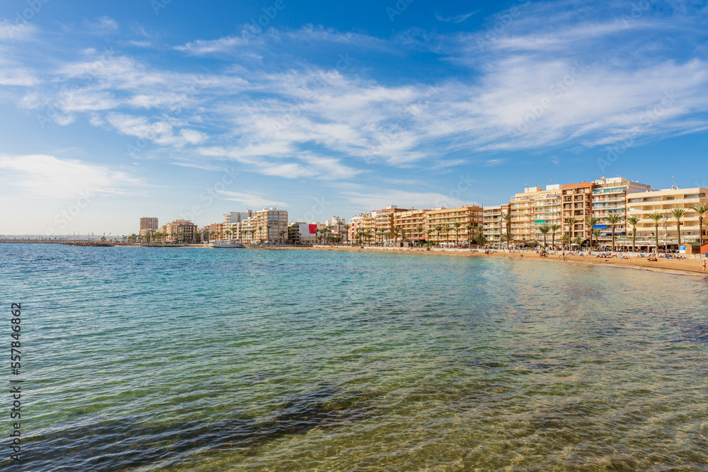 Scenic view of Torrevieja beach in alicante province, Spain on a winter's sunny day