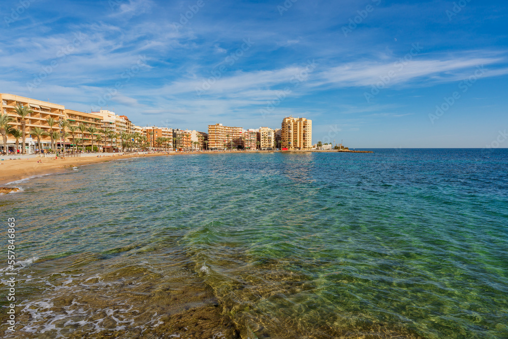 Scenic view of Torrevieja beach in alicante province, Spain on a winter's sunny day