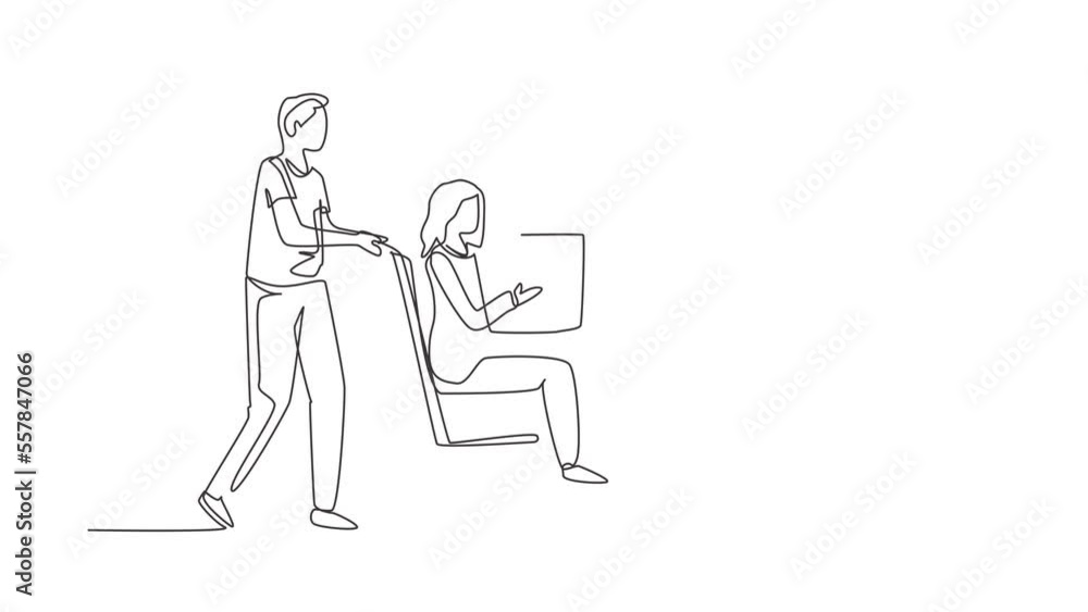 Animated self drawing of continuous line draw male, disabled female in wheelchair. Man shopping, give gift box to woman. Caregiver, Family support. Rehabilitation. Full length single line animation Animated self drawing of continuous line draw male, disabled female in wheelchair. Man shopping, give gift box to woman. Caregiver, Family support. Rehabilitation. Full length single line animation