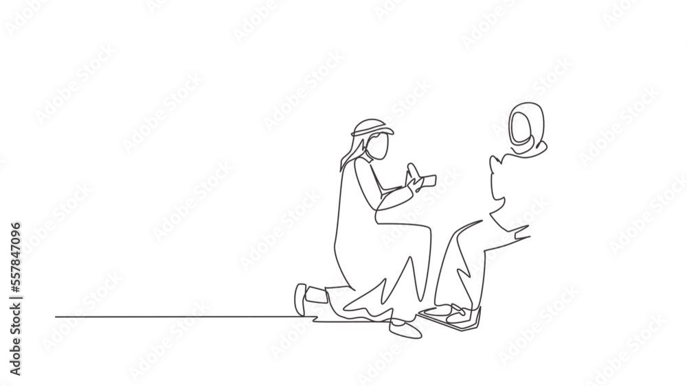 Animated self drawing of continuous line draw Arabian man stand on knee with engagement ring in hands in front of disabled woman sitting on wheelchair, loving relations. Full length one line animation Animated self drawing of continuous line draw Arabian man stand on knee with engagement ring in hands in front of disabled woman sitting on wheelchair, loving relations. Full length one line animation